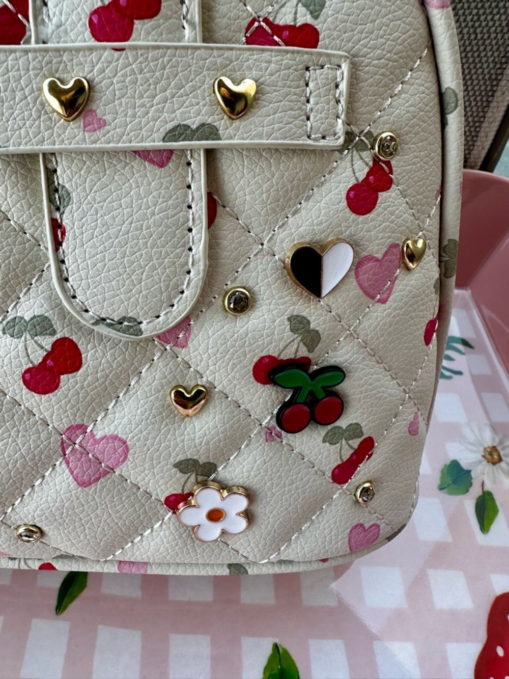 New Under One Sky Cherry Heart Quilted Satchel Purse Coquette Kawaii Pink Pom - Picture 2 of 8
